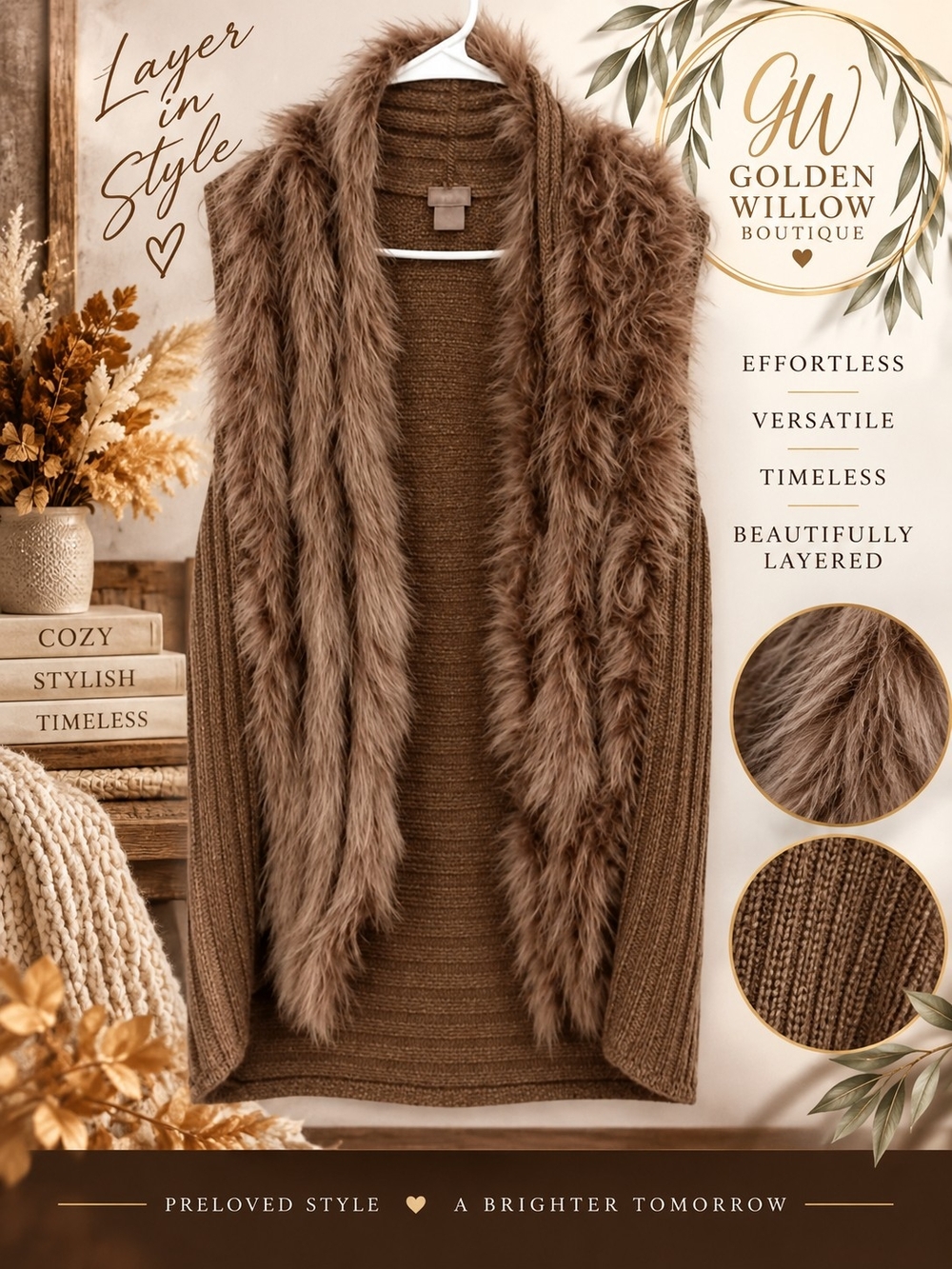 Chico's Taupe Brown Faux-Fur Trim Open Cardigan